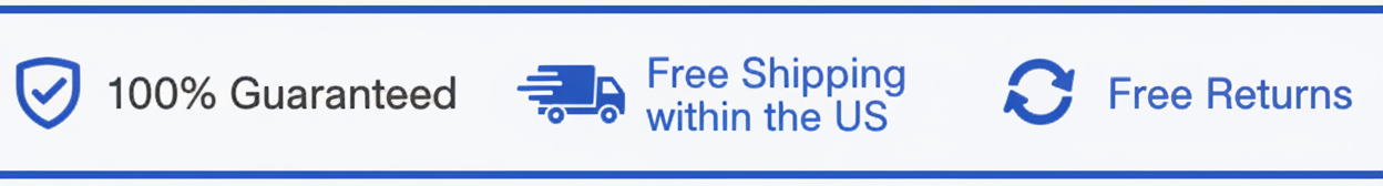 Promotional banner with blue icons and text reading '100% Guaranteed', 'Free Shipping within the US', and 'Free Returns' on a white background.